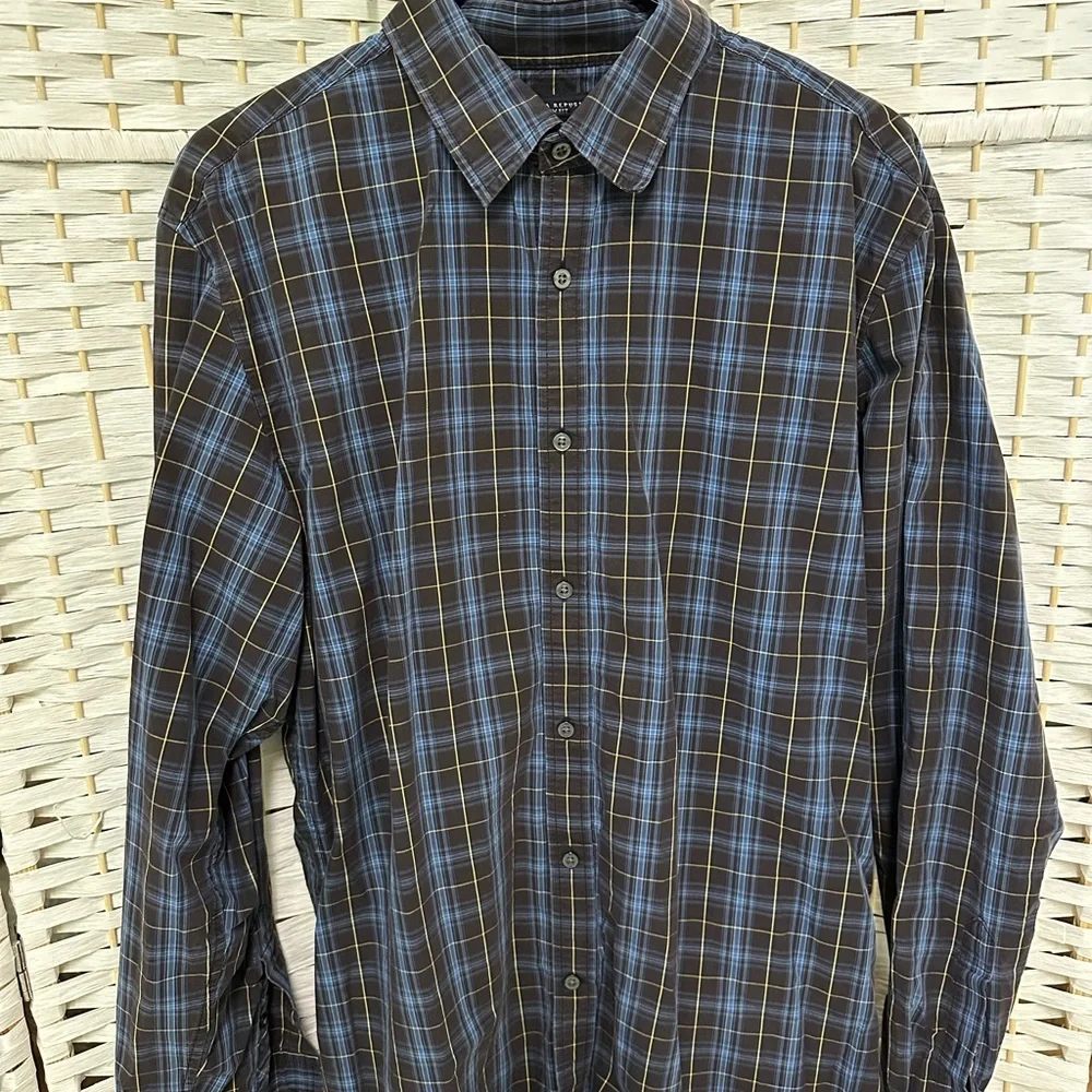 Banana Republic Men's Black and Blue plaid long sleeveShirt Size XL‎ button down